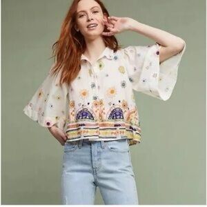 Anthropologie Maeve Eliot Popover Blouse in Neutral Motif